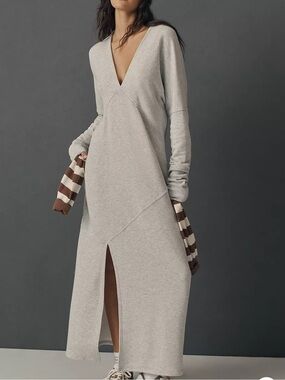 NWT Anthropologie super soft Light Gray V-Neck Maxi Sweatshirt Dress